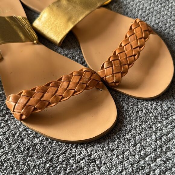Lulus Caylee Gold Cognac Leather Flat Sandals Size 7.5 Braided Summer Slip-On - Picture 6 of 10